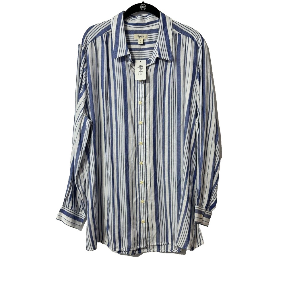 Style & Co 2X Blue White Striped Button Down Rayon Shirt Long Sleeve 100% Rayon